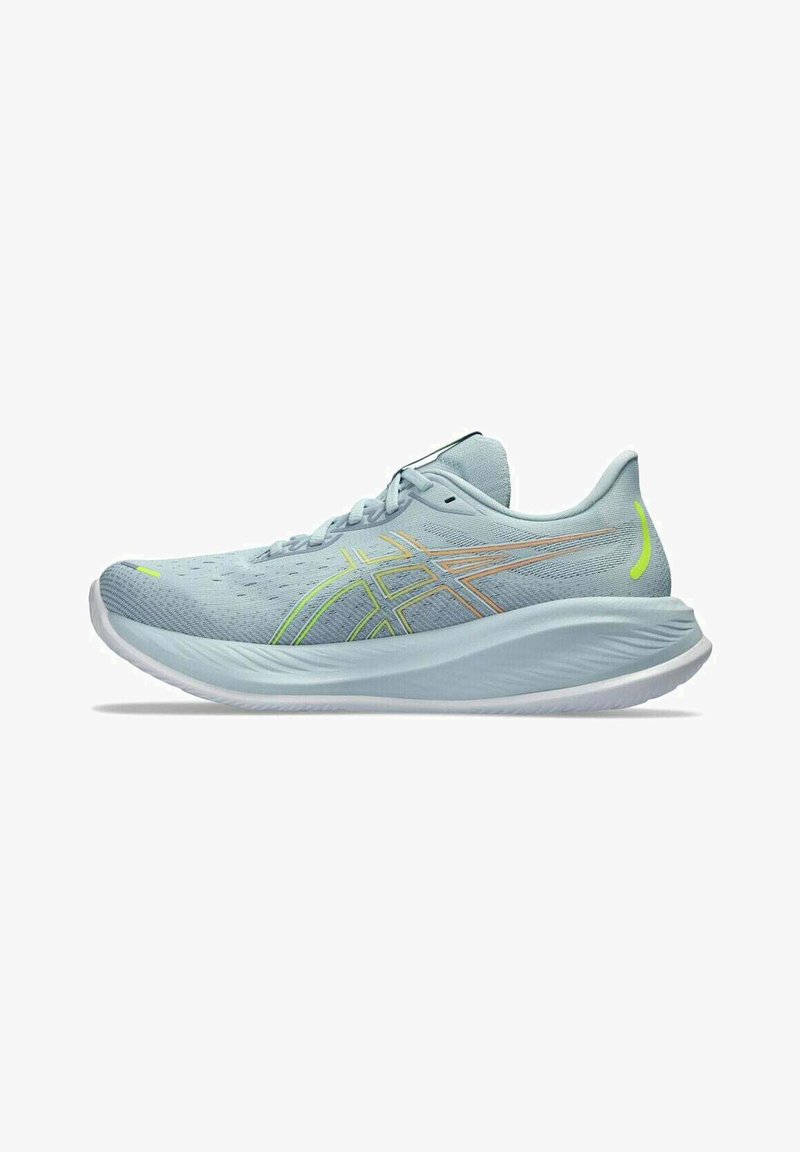 Light blue running shoe with mesh upper, featuring yellow and orange accents, a curved white sole, and textured detailing for grip.