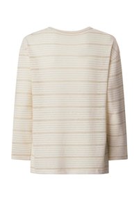 Haut à manches longues couleur crème avec de fines rayures horizontales beiges et un col rond, vu de dos sur fond blanc.