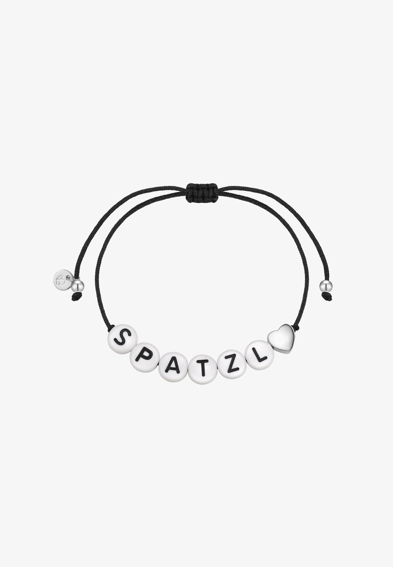 Pulsera de cordón negro ajustable con cuentas blancas y letras negras que deletrean "SPATZL" y una pequeña cuenta en forma de corazón de plata.