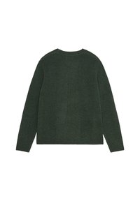 Green knitted sweater, crew neckline, long sleeves, ribbed cuffs and hem, soft texture, plain design without patterns or embellishments.