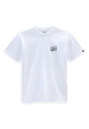 T-shirt blanc à manches courtes Vans avec un petit graphique de dés noirs et un texte sur la partie gauche de la poitrine.