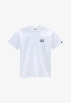 T-shirt blanc à manches courtes Vans avec un petit graphique de dés noirs et un texte sur la partie gauche de la poitrine.