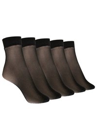 Czarne skarpetki w siateczkę sięgające do kostek z solidną czarną opaską na górze. Pokazano pięć par, charakteryzujących się przezroczystą siateczkową teksturą.