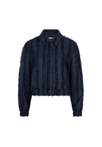 Marineblauwe, cropped jas gemaakt van textuurstof met verticale strepen, met een knoopsluiting en rafelige randen op de manchetten en de zoom.