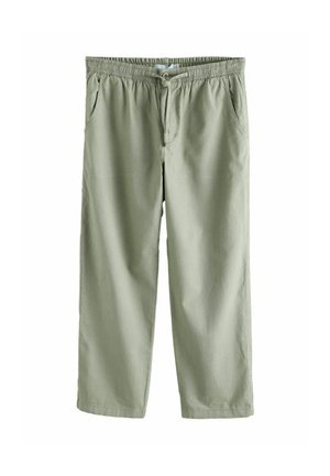 Hellgrüne Freizeithose mit elastischem Bund, Knopf- und Kordelzugverschluss sowie Seitentaschen, vor weißem Hintergrund dargestellt.