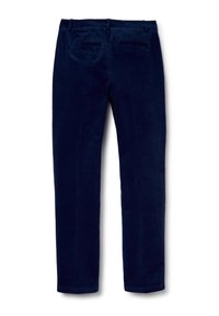 Navy corduroy pants with a straight leg design, featuring two back pockets and a textured fabric finish.