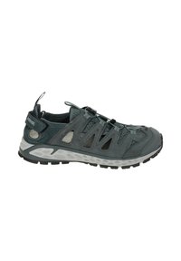 Sportliche Sandalen in dunklem Türkis mit einer strapazierfähigen synthetischen Oberseite, Netz-Akzenten, elastischen Schnürsenkeln und einer dicken Gummisohle. Mit Ausschnitten für Atmungsaktivität.