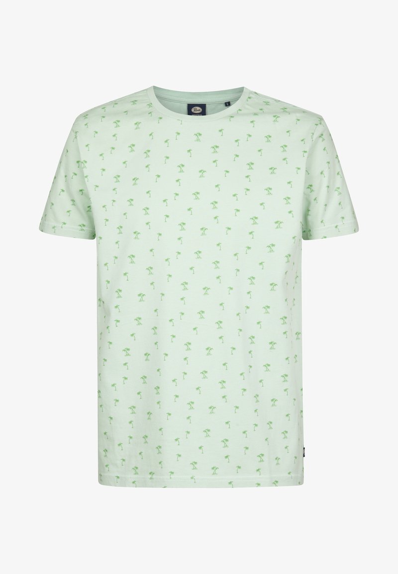 Světle zelené bavlněné tričko s opakovaným malým vzorem palmy. Krátké rukávy a kulatý výstřih. Standardní střih.