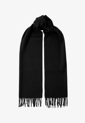 Sort tørklæde lavet af blødt materiale, med frynser i begge ender. Firkantet form, glat tekstur.