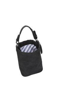 Zwarte emmerstijl handbag met een enkele handgreep, open bovenkant en zichtbaar blauw-witte gestreepte stoffen voering aan de binnenkant.