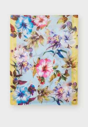 Bloemenschal met een blauwe achtergrond en levendige roze, blauwe en gele bloemen. Randen geaccentueerd met een gele rand en logo-tekst.