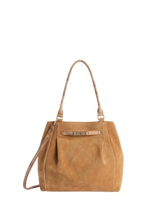 Borsa a mano in suede color cuoio con due manici superiori decorati e tracolla staccabile, corpo rettangolare con una sottile striscia decorativa sulla parte anteriore.