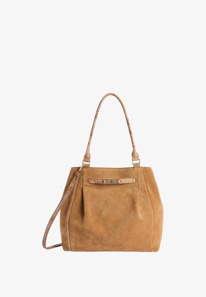 Borsa a mano in suede color cuoio con due manici superiori decorati e tracolla staccabile, corpo rettangolare con una sottile striscia decorativa sulla parte anteriore.