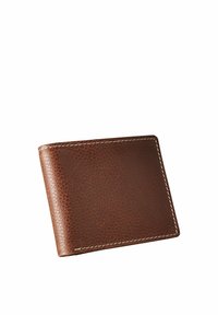 Braune Lederbörse mit strukturiertem Oberflächen, weißen Nähten, zweifacher Faltung und abgerundeten Ecken. Kompakt und praktisch.