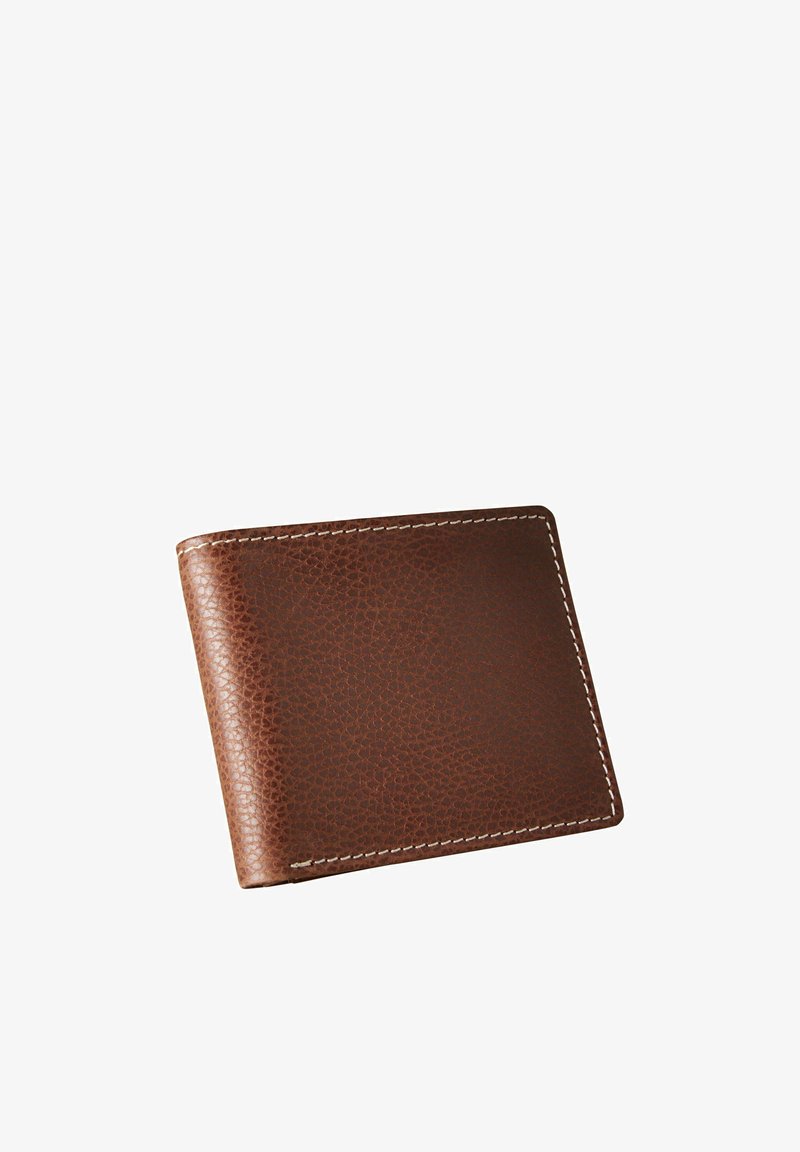 Brown leather wallet with a textured surface, white stitching, bi-fold design, and rounded corners. Compact and practical.