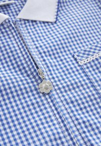 Blau-weiß karierte Hemd mit silbernem, blumenförmigem Reißverschlussanhänger und weißem Kragen-Detail.
