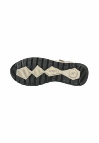 Semelle en caoutchouc noir avec une surface texturée, présentant un motif en zigzag et un détail circulaire. Matériau léger avec une palette de couleurs neutres.