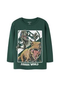 Groen langemouw t-shirt met een cartoonprint van een T-Rex en een raptor, met de tekst "Jurassic World" onderaan. Zacht katoen.