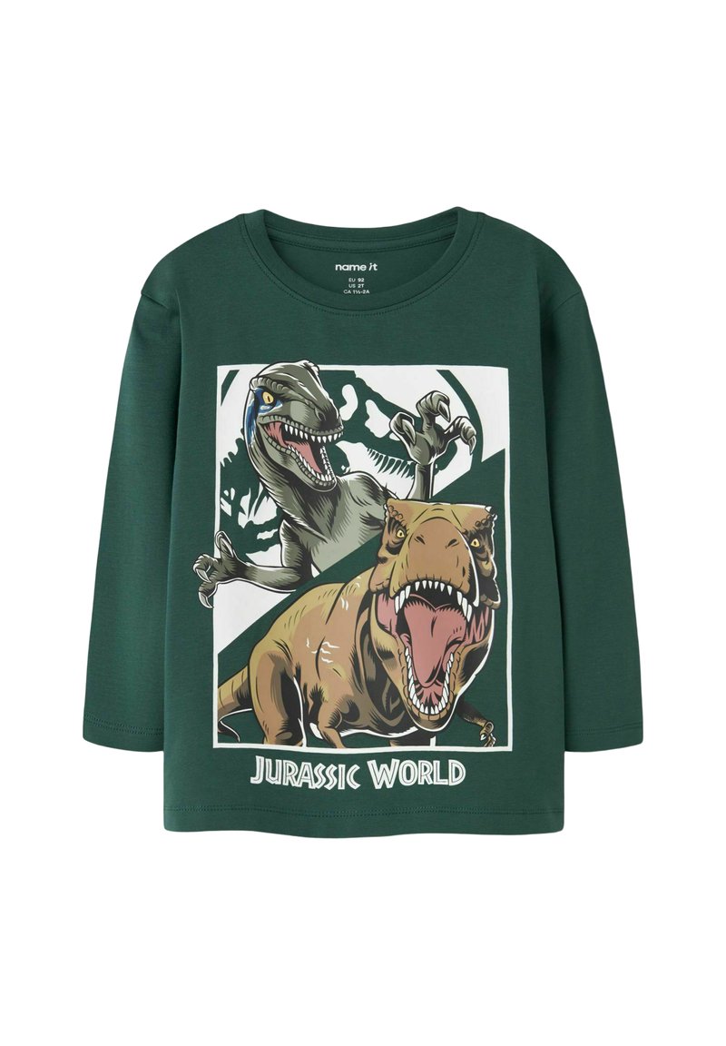 Groen langemouw t-shirt met een cartoonprint van een T-Rex en een raptor, met de tekst "Jurassic World" onderaan. Zacht katoen.