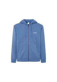 Zils zipa džemperis, izgatavots no mīksta auduma. Tam ir kangara kabata, virves un mazs logo uz krūtīm.