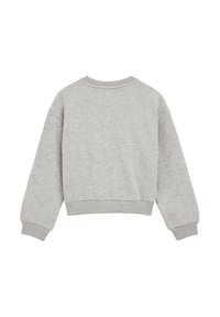 Siv sweatshirt s krožnim izrezom, s spuščeno rameni ter raztegnjenimi manžetami in robom. Gladka tekstura in sproščen, udoben kroj.