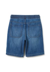 Pantalones cortos de mezclilla con una cinturilla elástica, dos bolsillos traseros y un corte recto. Presenta un lavado azul medio y costuras visibles.