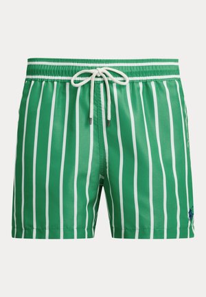 Πράσινο μαγιό με λευκές κάθετες ρίγες και λευκό κορδόνι στη λαστιχένια μέση, με μικρό ναυτικό λογότυπο στο πόδι.