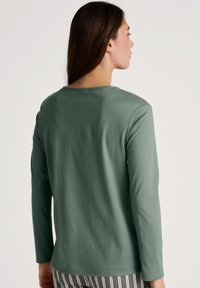 Long-sleeve, crew neck shirt in soft, olive green cotton. Features a relaxed fit with minimal stitching and no notable patterns.
