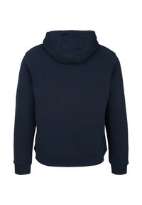 Marineblauwe hoodie van een katoenmix, voorzien van een grote capuchon, lange mouwen, ribgebreide boorden en een rechte zoom op de taille. Achteraanzicht.