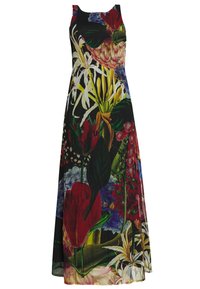 Sukienka w kwiatowy deseń bez rękawów. Posiada czarne tło oraz żywe kwiaty w kolorze czerwonym, żółtym, niebieskim i zielonym. Długa długość.