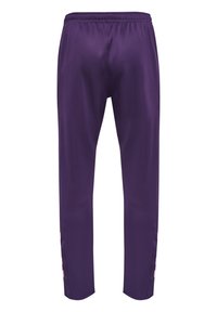 Paarse sportbroeken met een gladde textuur, voorzien van een elastische tailleband en contrasterende zijpaneelaccenten in roze. Recht model.