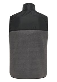 Grå fleeceställ med en övre sektion i svart nylon, hög krage och justerbar nederkant. Ingen synlig hårdvara eller mönster. Slät textur.