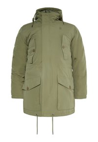 Olivgrüne Jacke mit Kapuze, mit zwei Brusttaschen, Knopfverschlüssen und einem verstellbaren Kordelzugsaum für eine individuelle Passform.