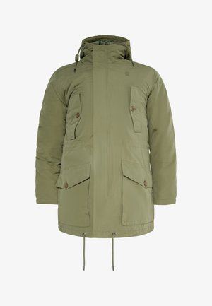 Olivgrüne Jacke mit Kapuze, mit zwei Brusttaschen, Knopfverschlüssen und einem verstellbaren Kordelzugsaum für eine individuelle Passform.