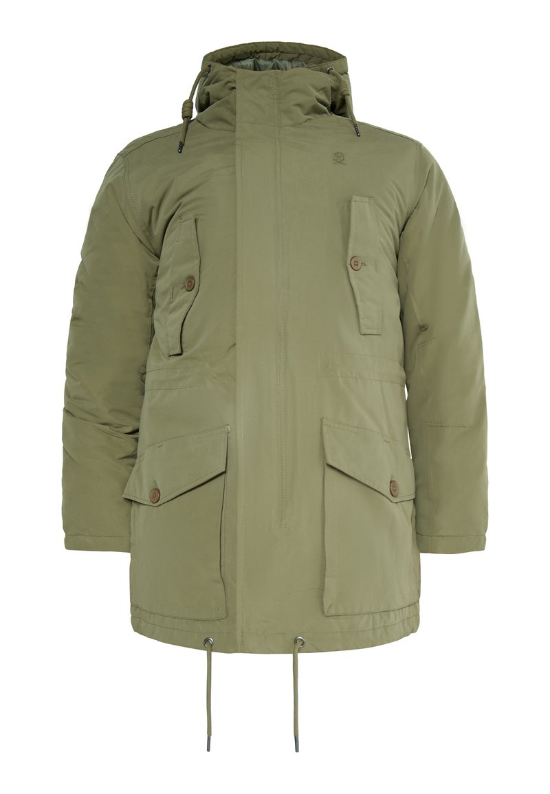 Olivgrüne Jacke mit Kapuze, mit zwei Brusttaschen, Knopfverschlüssen und einem verstellbaren Kordelzugsaum für eine individuelle Passform.