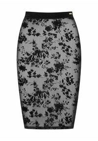 Czarna koronkowa spódnica ołówkowa z dopasowanym krojem, z solidnym czarnym paskiem i przezroczystą nakładką z kwiatowymi wzorami.