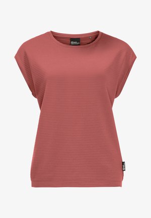 Kurzärmeliges, locker sitzendes, geripptes T-Shirt in Altrosa mit weitem Ausschnitt und kleinem Markentag am Saum. Keine sichtbaren Designs oder Muster.