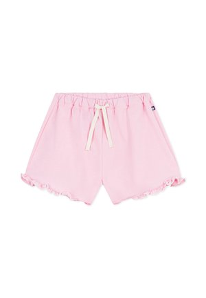 Rosa Baumwollshorts mit elastischem Bund, versehen mit weißem Kordelzug und gesäumtem Volant, entworfen für Komfort und einfaches Tragen.
