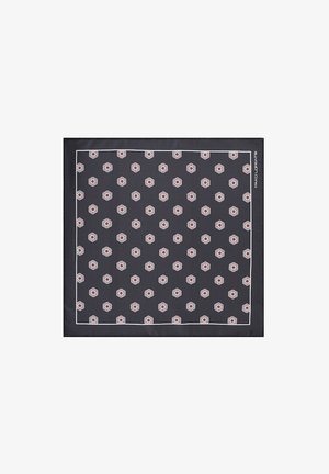 Ciemnoszara jedwabna chusta w kształcie kwadratu z białą bordiurą, z powtarzającymi się czerwonymi i białymi heksagonalnymi wzorami kwiatowymi.