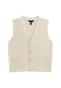 Cremfarbener, gestrickter ärmelloser Cardigan mit V-Ausschnitt, vier goldenen Knöpfen auf der Vorderseite und zwei kleinen Taschen vorne.