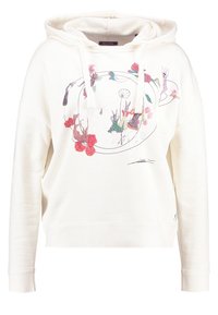 Crèmekleurige hoodie met trekkoord, met een kleurrijk gedrukt ontwerp van personages en bloemen aan de voorkant. Zachte textuur.
