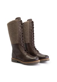 Bruine leren kniehoge laarzen met een gestructureerde wollen bovenkant, vetersluiting aan de voorkant en ronde metalen oogjes; rubberen zool met een contrasterende stikselafwerking.