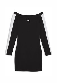 Μαύρο φόρεμα με αποκαλυπτικούς ώμους και μακριά μανίκια, με λευκές ρίγες στα πλάγια και μικρό λευκό λογότυπο Puma στο κέντρο κάτω από το λαιμό.