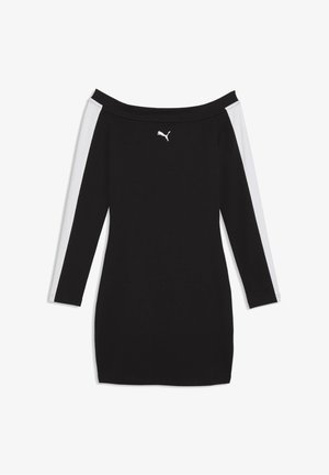 Vestito nero con spalle scoperte, maniche lunghe, strisce laterali bianche e un piccolo logo Puma bianco centrato sotto la scollatura.