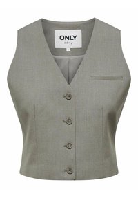 Grå skræddersyet vest med V-udskæring, seks knapper foran og en lomme på venstre bryst. Glat tekstur, struktureret pasform.