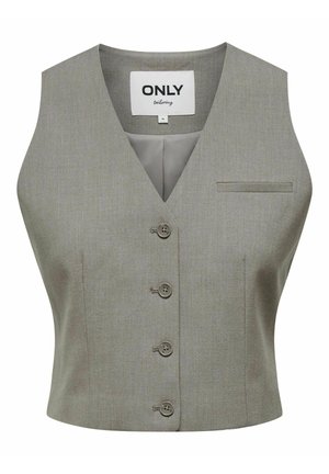 Grå skræddersyet vest med V-udskæring, seks knapper foran og en lomme på venstre bryst. Glat tekstur, struktureret pasform.