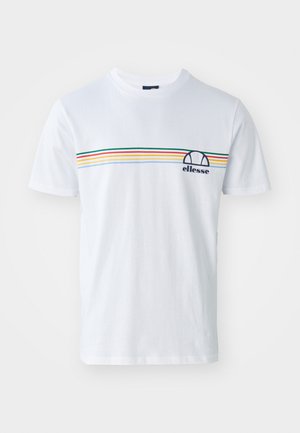 White cotton t-shirt with short sleeves, featuring a horizontal stripe pattern in red, green, yellow, and blue, plus a navy logo on the chest.