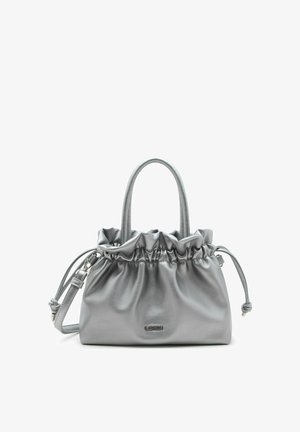 Sac à main en cuir gris avec partie supérieure froncée et doubles poignées, doté d'une bandoulière ajustable et d'un petit logo métallique de la marque à l'avant.