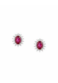 Gemme ovali rosse circondate da piccoli cristalli trasparenti, montate in metallo di tonalità argento. Gli orecchini presentano un design simile a un fiore.