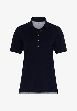 Dunkelblaues Poloshirt mit Kragen, kurzen Ärmeln, einer Fünf-Knopf-Leiste und subtiler Textur. Verfügt über ein kontrastierendes Detail am inneren Kragen.